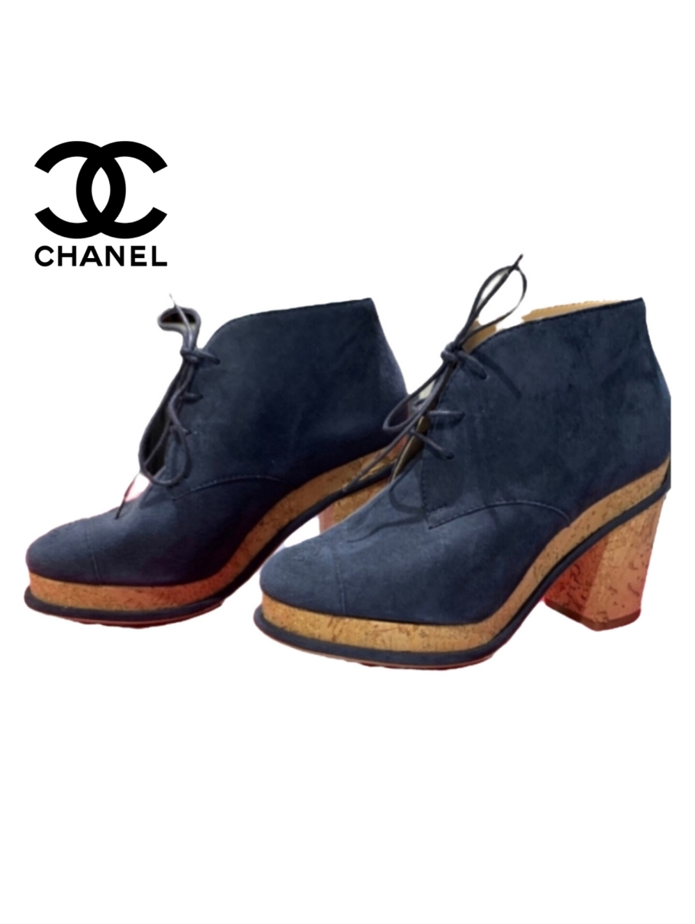 36.5 Chanel Blue Suede Cork Lace Up Booties